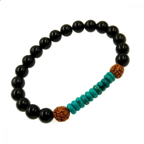 Fekete turmalin és türkiz férfi karkötő Rudraksha gyönggyel