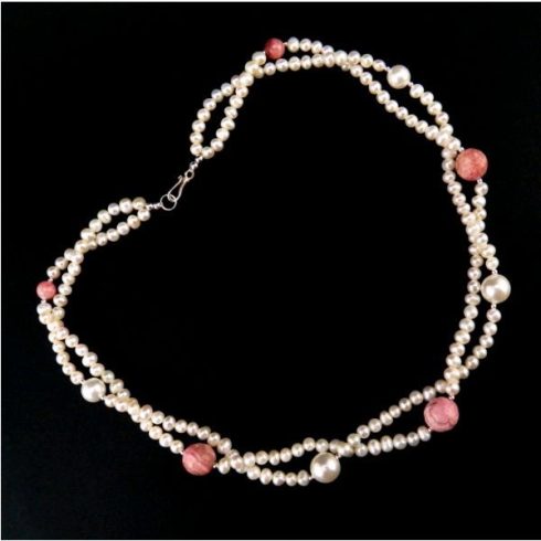 Két soros rodokrozit gyöngy nyaklánc, fülbevaló ékszer szett