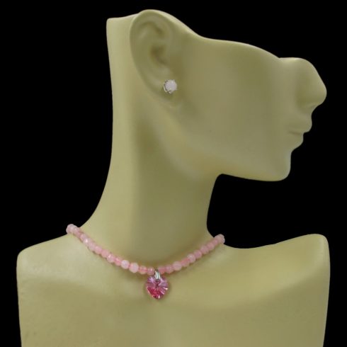 Rózsakvarc nyaklánc Swarovski kristály szív medállal