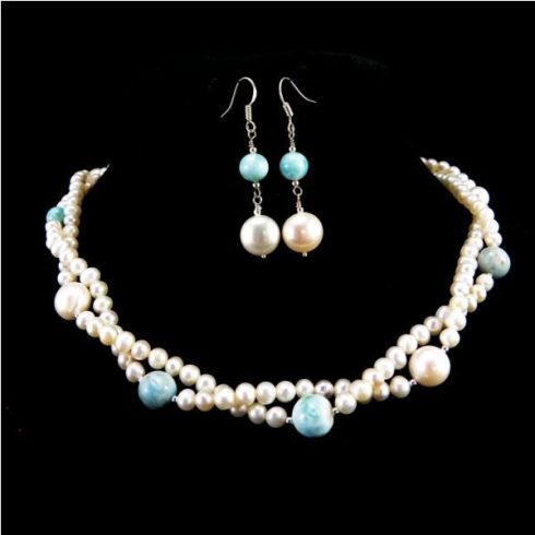 Larimár nyaklánc és fülbevaló tenyésztett gyöngyökkel