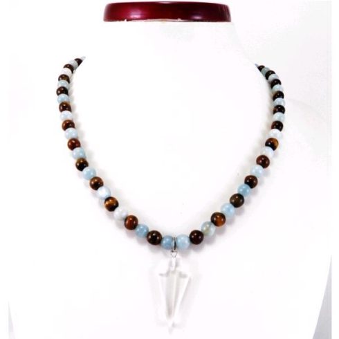 Akvamarin tigrisszem  nyaklánc, hegyikristály medállal