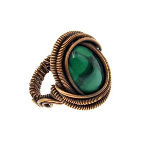 Malachit gyűrű, antikolt rézdrót foglalatban