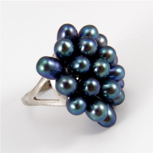 Éj-kék tenyésztett gyöngy virág gyűrű 