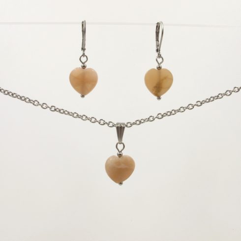 Fazettált szív alakú barack holdkő fülbevaló és medál