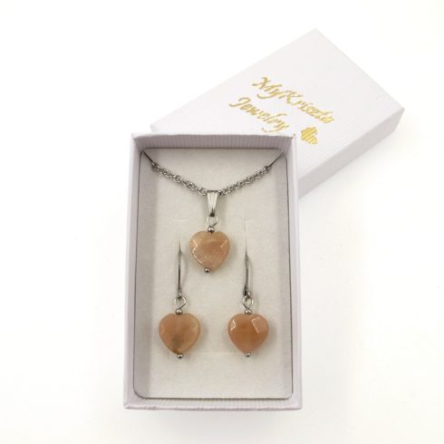 Fazettált szív alakú barack holdkő fülbevaló és medál